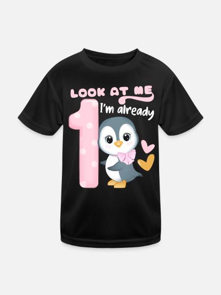 1er anniversaire d’enfant, 1 an, pingouin kawaii - T-shirt sport Enfant - noir - Devant