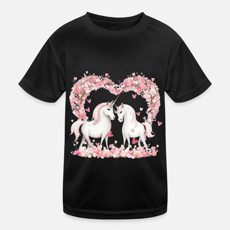 Niedlilches Einhorn Paar mit Blumenherz Kinder Funktions-T-Shirt