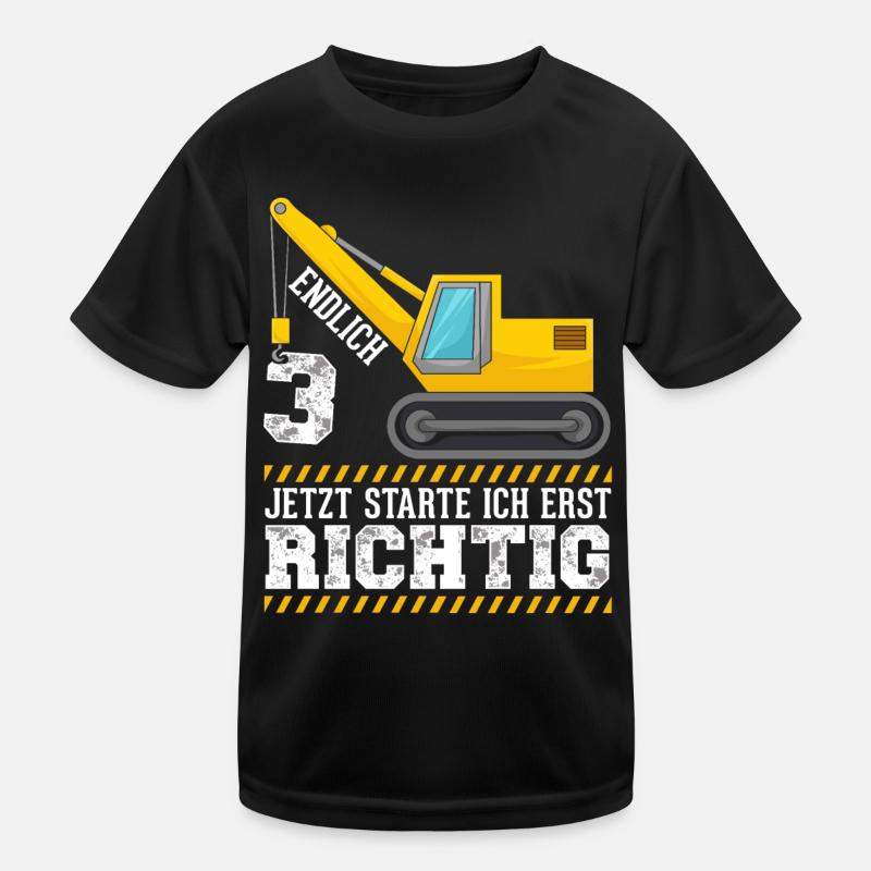 3. Geburtstag Bagger deko ich bin Endlich 3 Jahre - Kinder Funktions-T-Shirt - Schwarz