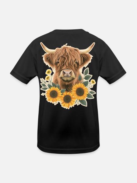 Hochlandrind mit Blumen - Kinder Funktions-T-Shirt - Schwarz