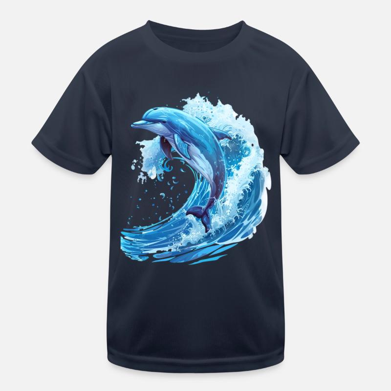Springender Delfin in Blauer Welle Kinder Funktions-T-Shirt