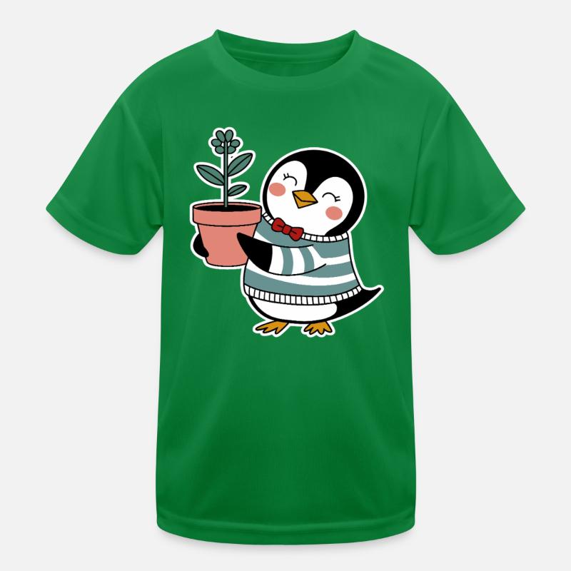 Fröhlicher Pinguin Gärtner mit Blume Kinder Funktions-T-Shirt