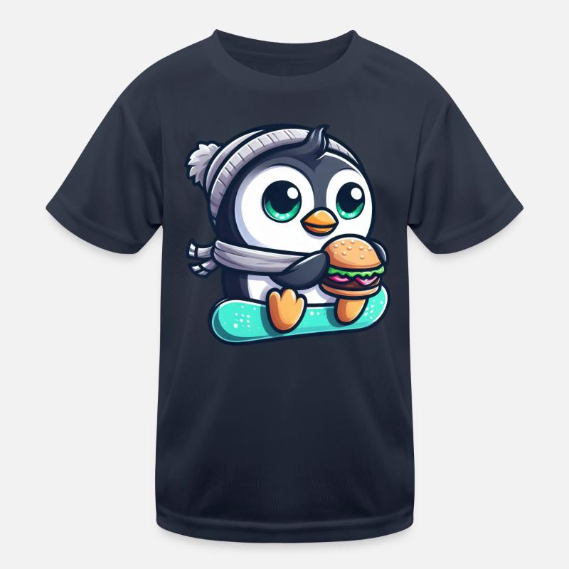 Funny penguin on snowboard with burger Kids Functional T-Shirt