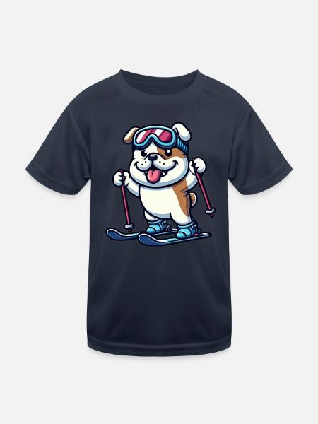 Bulldogge auf Skiern - Winterurlaub im Comic-Stil - Kinder Funktions-T-Shirt - Navy
