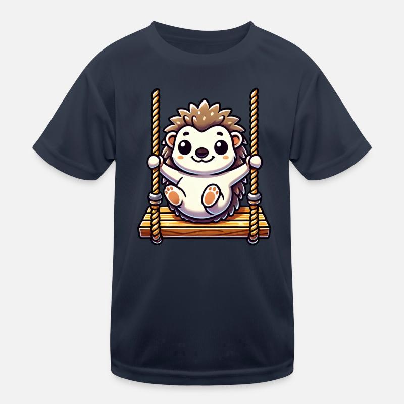 Cute hedgehog swings cartoon playground fun Kids Functional T-Shirt