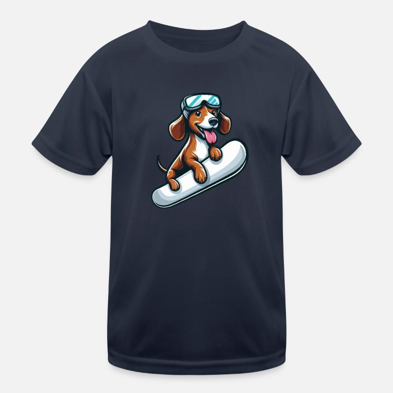 Dackel Hund Snowboard Comics Winterspaß Kinder Funktions-T-Shirt
