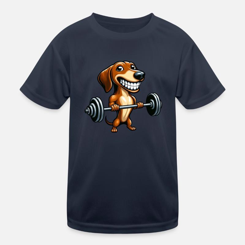 Lustiger Dackel mit Hantel Hund Workout Kinder Funktions-T-Shirt