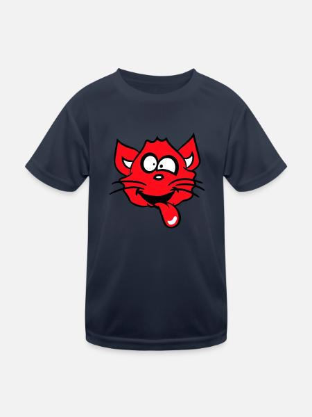 Cat Squints Funny Crazy Tongue Out Grimace - Kids Functional T-Shirt - navy - Front