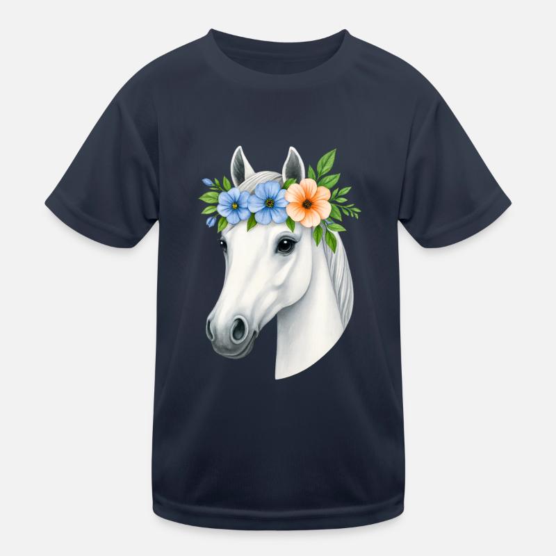 Weißes Pferd mit Blumenkranz Kinder Funktions-T-Shirt