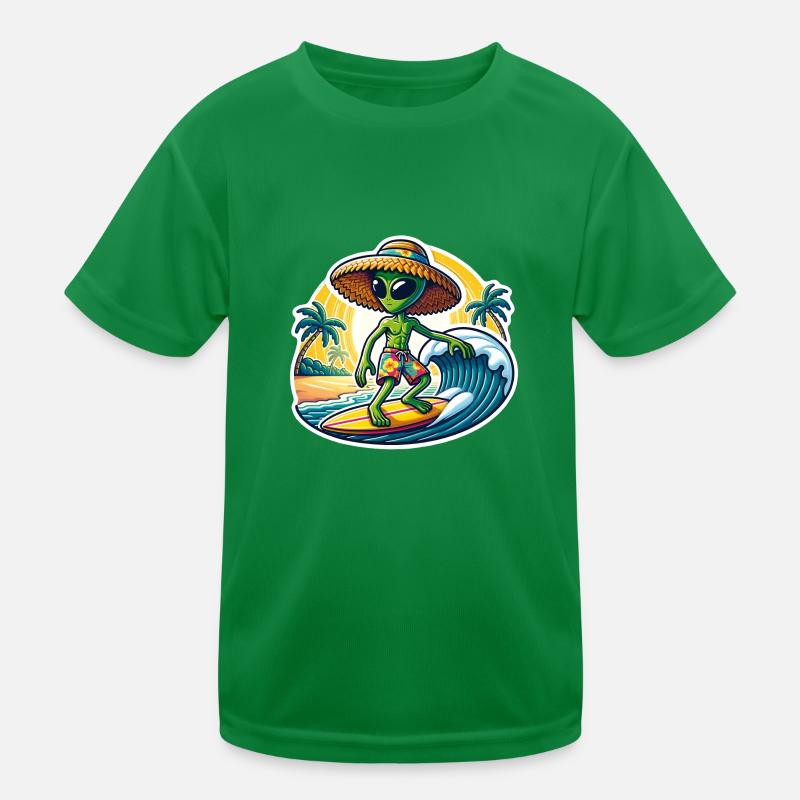 Funny little alien on surfboard Kids Functional T-Shirt