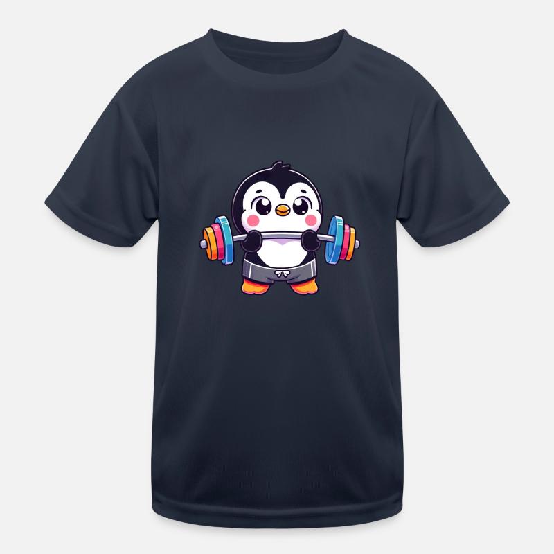 Bunter Pinguin Gewichtheber Workout Kinder Funktions-T-Shirt
