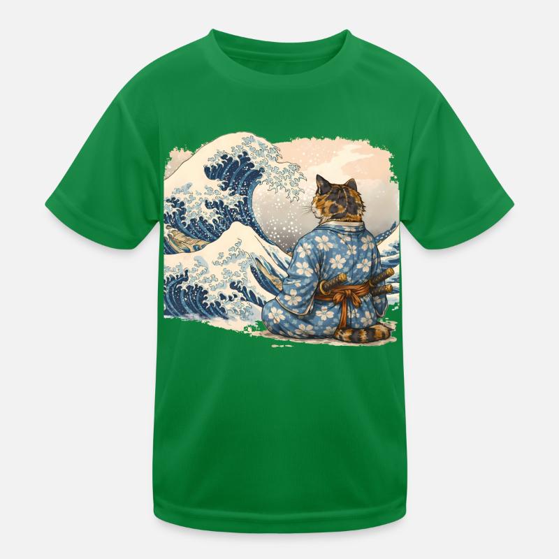Samurai Cat Wave Japanese Ukiyo-e Style Kids Functional T-Shirt