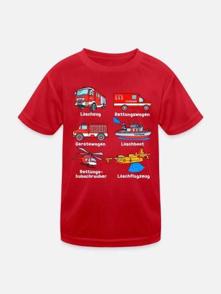 Beliebte Fahrzeuge der Feuerwehr Feuerwehrautos - Kinder Funktions-T-Shirt - Rot - Vorne
