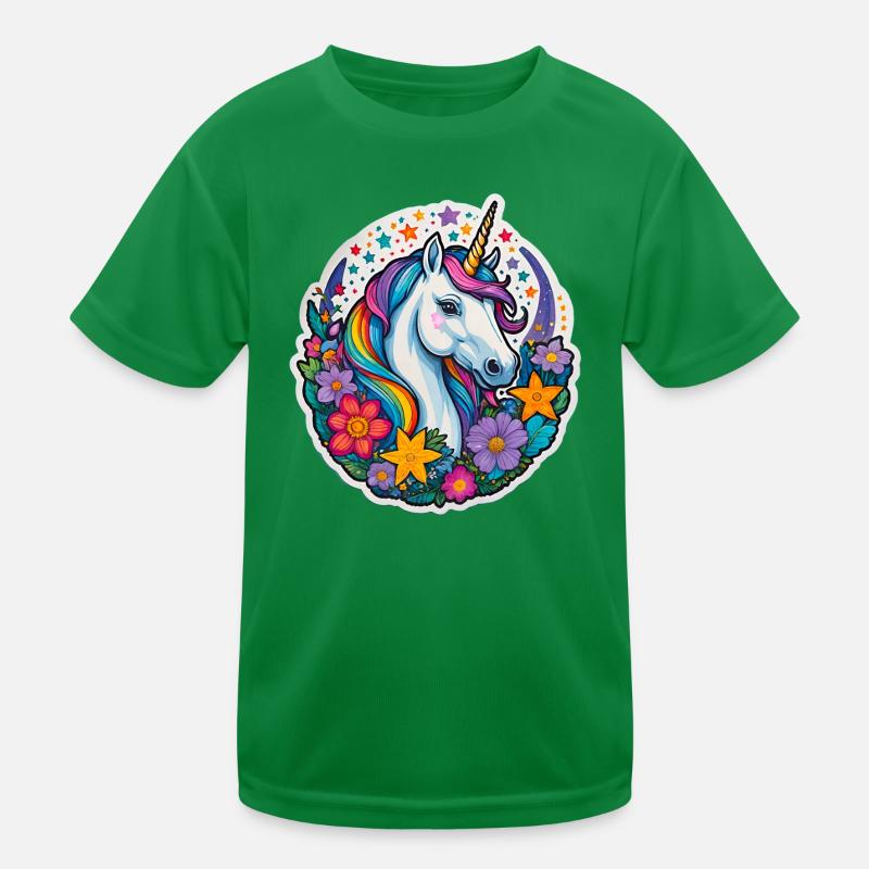 Regebogen Einhorn mit Blumen und Sternen Kinder Funktions-T-Shirt