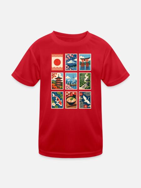 Japan Briefmarken - Kinder Funktions-T-Shirt - Rot