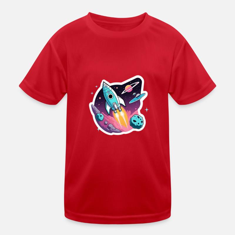 Rakete fliegt durch den Weltraum Kinder Funktions-T-Shirt