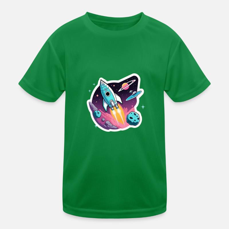 Rocket flying through space Kids Functional T-Shirt