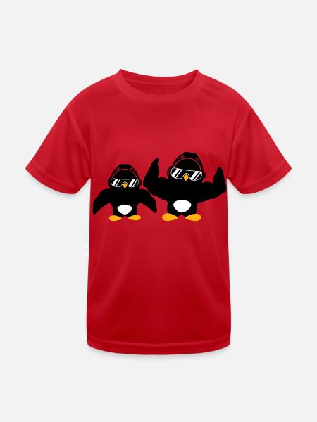 2 Penguins Bodybuilder Sunglasses Headphones Team - Kids Functional T-Shirt - red - Front