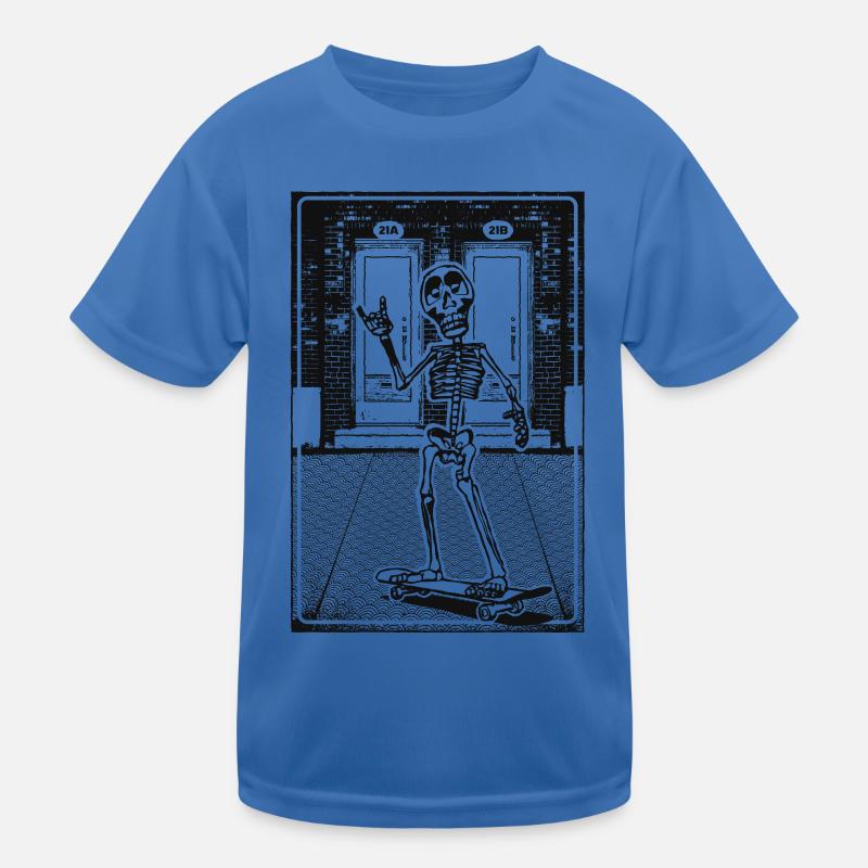 Squelette avec skateboard devant la maçonnerie de briques T-shirt sport Enfant