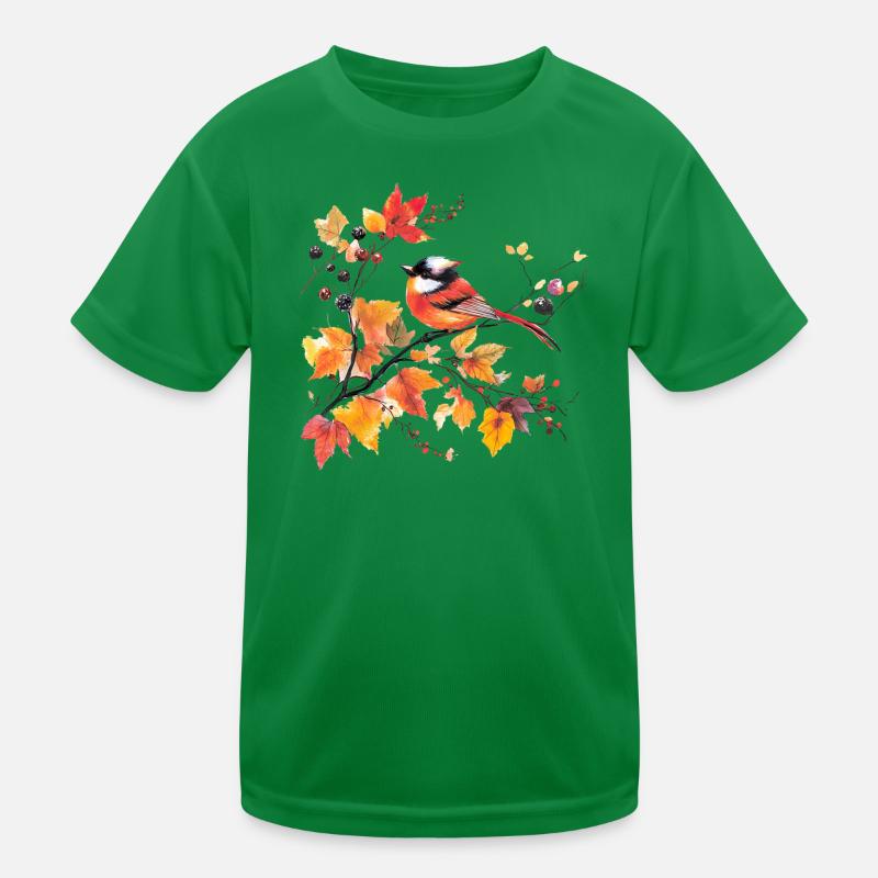 Bird in autumn on leaf branch Kids Functional T-Shirt
