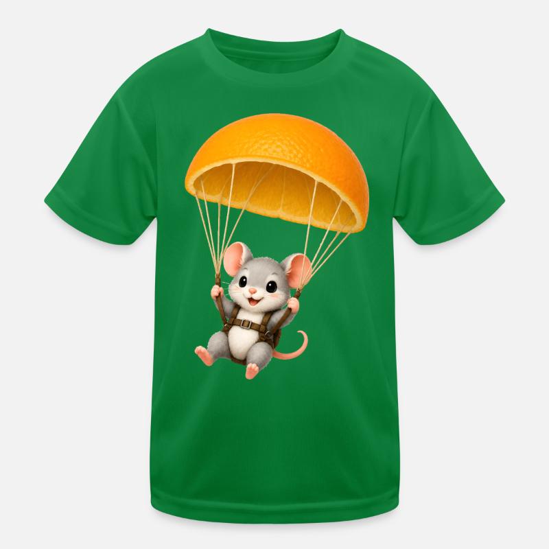 Cute Mouse with Orange Parachute Kawaii Motif Kids Functional T-Shirt