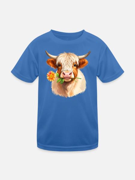 Niedliche Highland-Kuh mit Blume – Comic-Design - Kinder Funktions-T-Shirt - Königsblau - Vorne