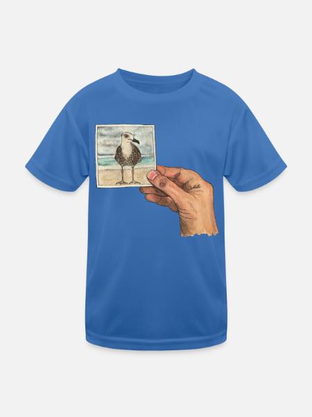 Hand mit Foto einer Möwe - Kinder Funktions-T-Shirt - Königsblau - Vorne