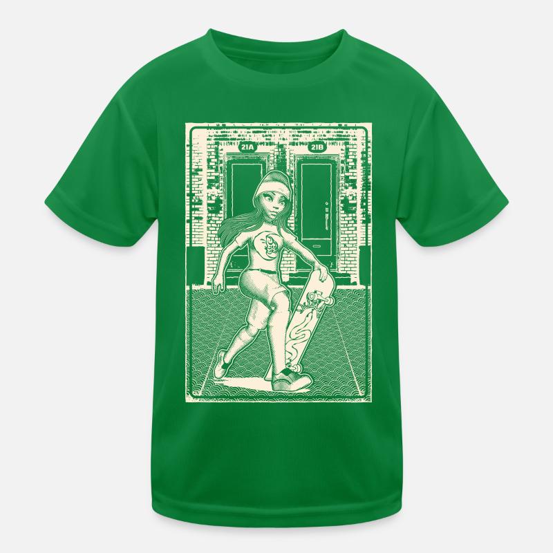Mädchen mit Skateboard vor Backsteinmauerwerk. Kinder Funktions-T-Shirt