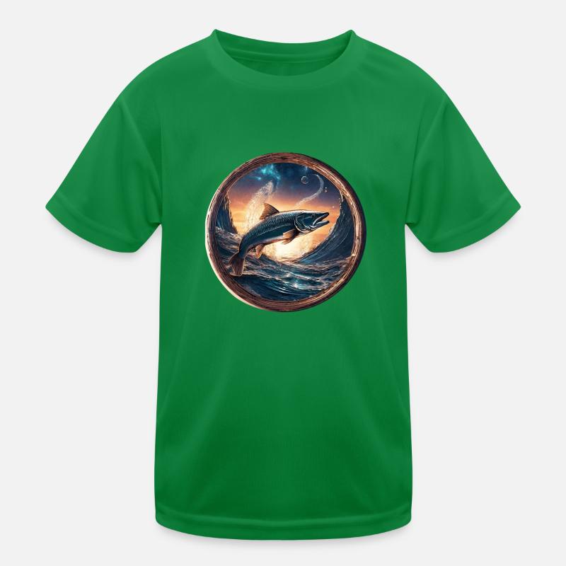 Poisson, vague, or, mer, lever du soleil, bleu T-shirt sport Enfant