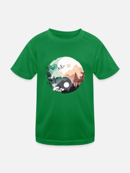 Ying Yang - Berge / Strand - Kinder Funktions-T-Shirt - Kelly Green - Vorne
