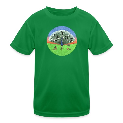 Two Birds Play Go on the Feathers of a Peacock - Kids Functional T-Shirt
