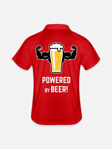 Powered By Beer! (Bier / Muskeln / L / 3C) - Männer Polo atmungsaktiv - Rot/Weiß - Hinten