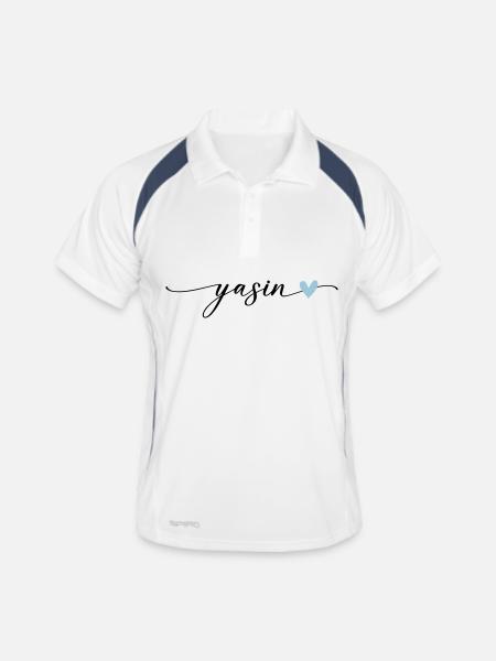 Police de calligraphie du nom Yasin - Polo respirant Homme - blanc/marine - Devant