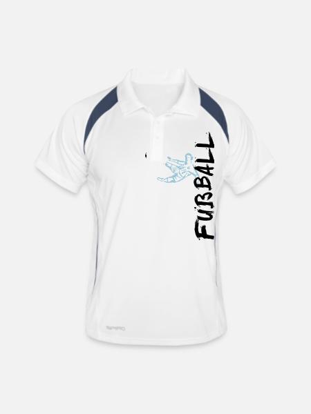 Fußball - Spieler + seitlicher Schriftzug - Männer Polo atmungsaktiv - Weiß/Navy - Vorne