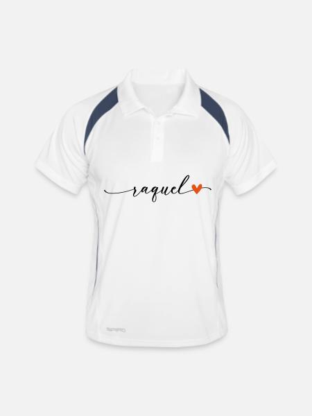Police de calligraphie de nom Raquel - Polo respirant Homme - blanc/marine - Devant