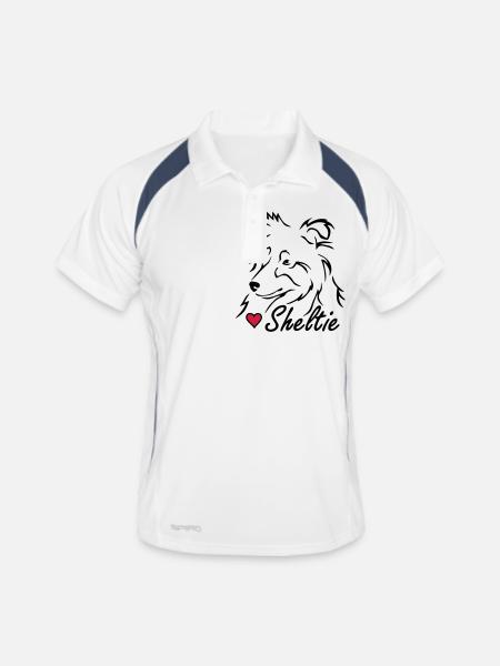 Sheltie ❤ - Männer Polo atmungsaktiv - Weiß/Navy - Vorne