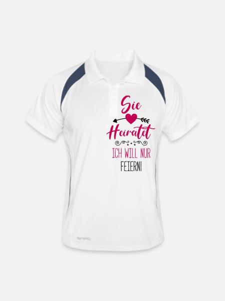 sie heiratet ich will nur feiern - Männer Polo atmungsaktiv - Weiß/Navy - Vorne