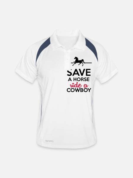 Cowboys und Pferde - Save a Horse ride a Cowboy - Männer Polo atmungsaktiv - Weiß/Navy - Vorne