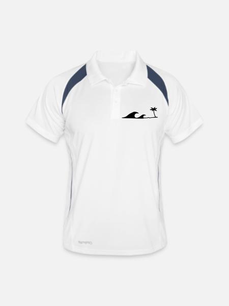 Waves on the Beach, Wellen am Strand unter Palmen - Männer Polo atmungsaktiv - Weiß/Navy - Vorne