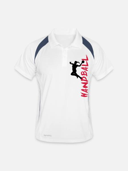 Handballerin - Handball seitlich - Männer Polo atmungsaktiv - Weiß/Navy - Vorne