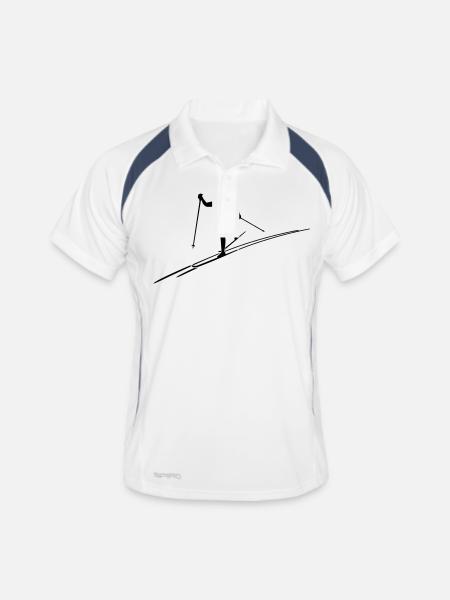 Skilangläuferin mit Skispur - Männer Polo atmungsaktiv - Weiß/Navy - Vorne