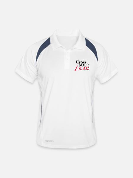 Cross BODY LEAD - Salsa Dance Shirt - Männer Polo atmungsaktiv - Weiß/Navy - Vorne