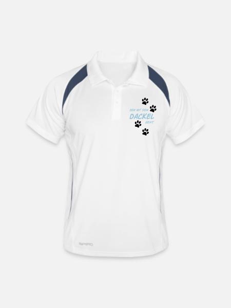 Der mit dem Dackel geht - Männer Polo atmungsaktiv - Weiß/Navy - Vorne