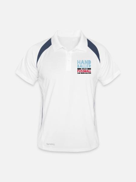 Handballer spielen Fussball zum Warm machen - Männer Polo atmungsaktiv - Weiß/Navy - Vorne