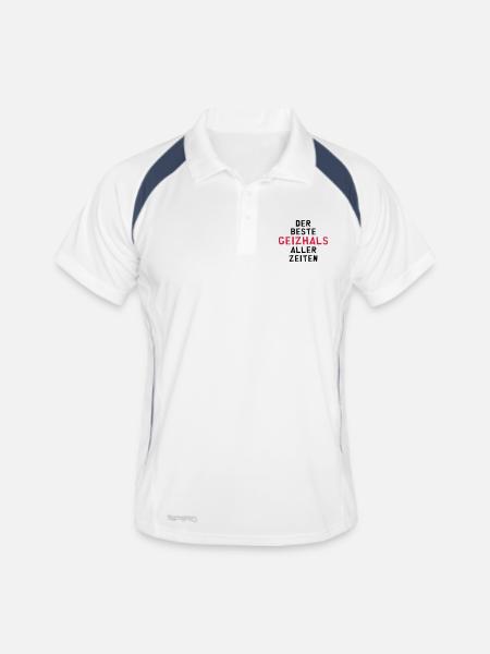 Geizhals - Geizkrägin - Geiz - Geizig - Geld - Männer Polo atmungsaktiv - Weiß/Navy - Vorne