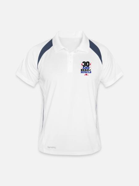 30 ANS BEAU ET MUSCLé,citations,message - Polo respirant Homme - blanc/marine - Devant