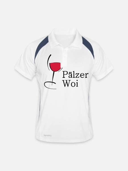 Pälzer Woi Weinglas - Männer Polo atmungsaktiv - Weiß/Navy - Vorne