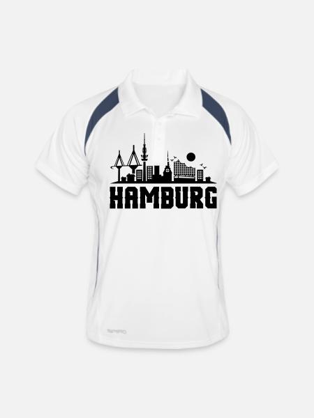 hamburg skyline stadt - Männer Polo atmungsaktiv - Weiß/Navy - Vorne