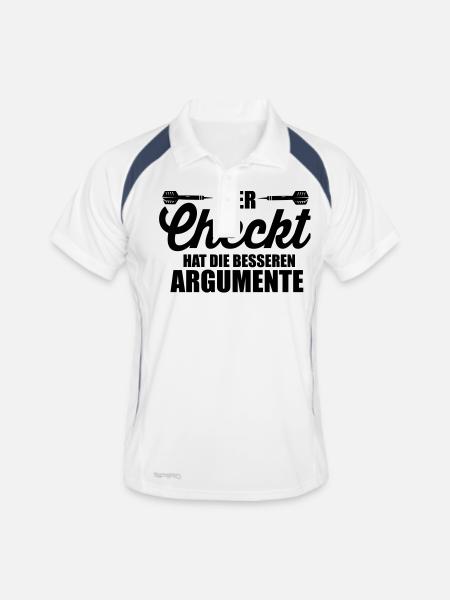 Darts Wer checkt hat Argumente - Männer Polo atmungsaktiv - Weiß/Navy - Vorne