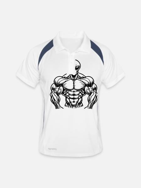 Muskulöser Bodybuilding Alien - Männer Polo atmungsaktiv - Weiß/Navy - Vorne